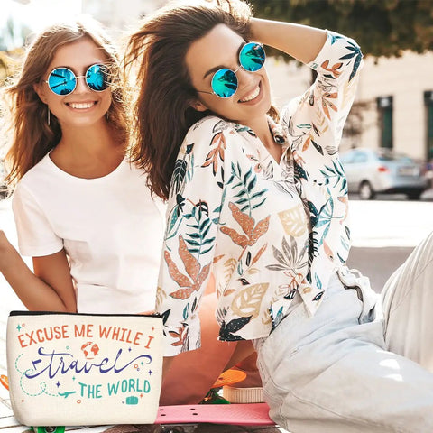 Two women smiling outdoors with Funny Travel Makeup Bag For Women, Multiuse Cosmetic Case And Toiletry Organizer visible in corner.