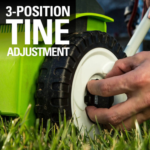 Close-up of a hand adjusting the 3-position tine setting on a 10 Amp 14 Inch Corded Electric Dethatcher With Stainless Steel Tines For A Healthier Lawn