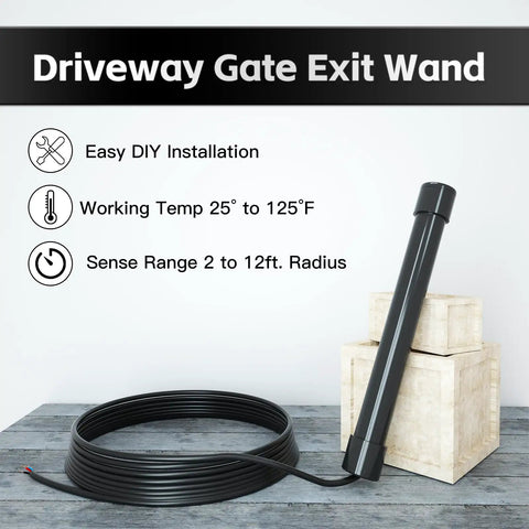 Universal Wired Driveway Vehicle Exit Sensor Wand For Automatic Gate Opener With 50ft Cable on display with features listed