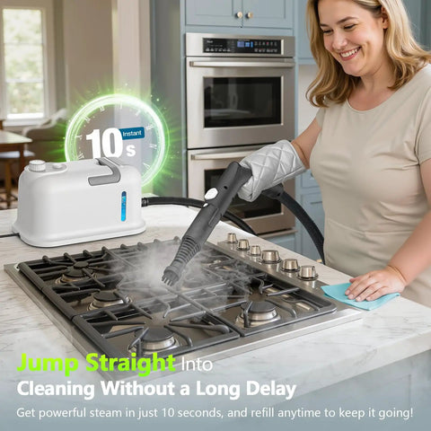 High Performance 2500W Handheld Steam Cleaner With Auto Stop And 15 Piece Accessory Kit being used on a stove, producing steam in 10 seconds.