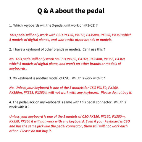 Q&A about pedal compatibility with Casio PX150 PX160 PX350m PX358 PX360, Portable 3 Pedal Unit For Digital Pianos details