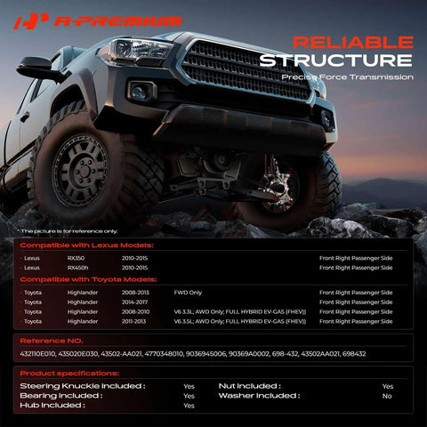 Direct Replacement Front Right Steering Knuckle And Wheel Bearing Hub Assembly For Toyota Highlander And Lexus Rx in rugged terrain view.