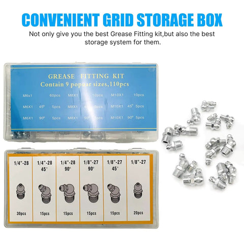 220 Piece Grease Fitting Kit for Metric and SAE Zerk Fittings with M6 M8 M10 in storage box and scattered fittings
