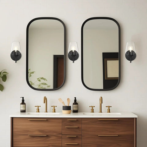 Two Pack Farmhouse Wall Sconces Hardwired Indoor Wall Lamps With Clear Champagne Glass Shades in bathroom setting