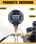 Digital Vacuum Gauge For HVAC 0 To 75000 μmHg Range With 7/16-20UNF Fittings, Buzzer Alarm, 1/4 Inch SAE Extension, Brass Adapter, High Accuracy ±10 μmHg Or ±10 Percent, Ideal For Leak Detection And Evacuation Tests. digital gauge on HVAC unit