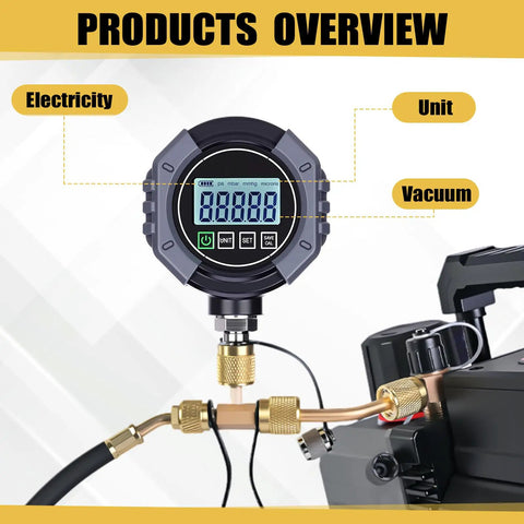 Digital Vacuum Gauge For HVAC 0 To 75000 μmHg Range With 7/16-20UNF Fittings, Buzzer Alarm, 1/4 Inch SAE Extension, Brass Adapter, High Accuracy ±10 μmHg Or ±10 Percent, Ideal For Leak Detection And Evacuation Tests. digital gauge on HVAC unit