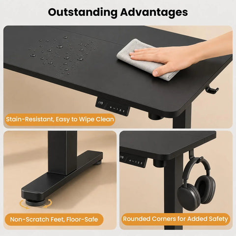 AdGiGi 40 Inch Electric Standing Desk Adjustable Height Sit Stand Workstation Compact Computer Table For Home Office Small Space Black showing stain-resistant surface and control panel.