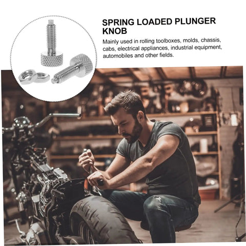 Superior Stainless Steel Retractable Spring Plunger Set With Hella Smooth Knurled Grip, shown in use on motorcycle repair.