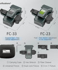 Rock Solid Optical Fiber Cleaver Cuts 250 Micron To 3 Mm Cable Lines Like Butter No Fuss One Step Press Design Yields 72000 razor scores. FC-33 and FC-23 tools shown with specs.