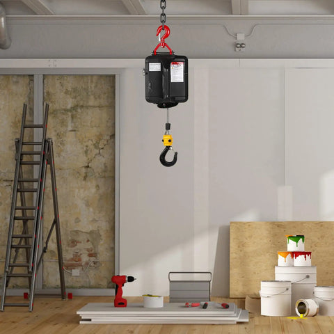 Beefy Portable Electric Hoist With 3 In 1 Control And Copper Motor, Wireless Remote And Wired Control, Lifts Up To 1543 Lbs For Quick Easy Garage Lifts. suspended in garage