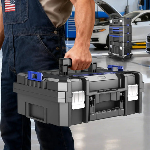 Person holding 18 Inch Flat Top Tool Box With Stackable Modular System For Garage Storage And Home Repair, Portable Heavy Duty Plastic Organizer With Foldable Handles, Durable PP Construction, High Load Bearing, Pro Grade, Model SC1A