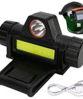 Rechargeable Welding Helmet Light Attachment With Mount For Hard Hats Dual Beam Headlamp With Automatic Dimming Waterproof And Compact 8cm Clip On Design For Boss Level Worksite Lighting, shown with USB cable and hard hat mount.