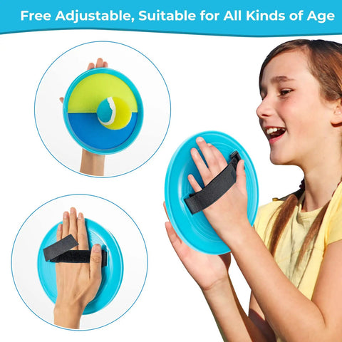 Child playing with Outdoor Toss And Catch Ball Set For Kids Beach Toys And Backyard Games Perfect For Backyard Playgrounds And Beach Trips With 6 Balls And 3 Paddles Includes Storage Great Easter Gift Light Blue, holding paddle with adjustable strap.