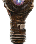 Badass Steampunk Swagger Cane Featuring Skeletal Hand Grasping Evil Eye and Heavy Duty Clockwork Gear Decor Staff close-up with gem.