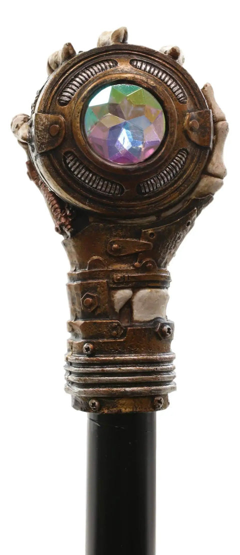 Badass Steampunk Swagger Cane Featuring Skeletal Hand Grasping Evil Eye and Heavy Duty Clockwork Gear Decor Staff close-up with gem.