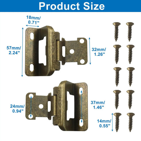 Four Pack Half Inch Overlay Cabinet Hinges With Full Hardware Antique Brass Finish showing size dimensions and included screws.