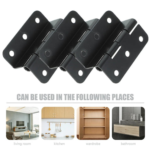 Close-up of 10-piece black iron cabinet hinges (box hinge style), rust-resistant with high-load capacity for home furniture.