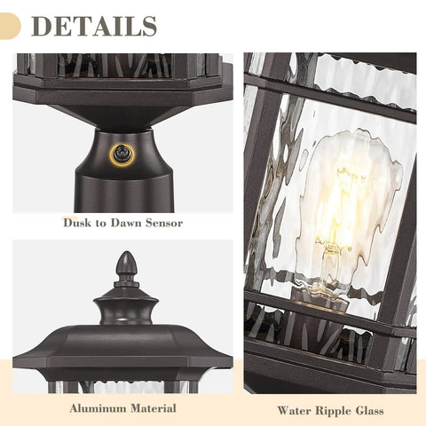 Details of Outdoor Post Mount Light With Dusk To Dawn Sensor In Oil Rubbed Bronze Water Ripple Glass Lantern For Patio And Garden