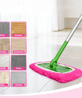 Rose Pink Microfiber Mop Pad Refills Four Pack Reusable Washable for Easy Wet and Dry Floor Cleaning Fits Most Standard Mops Perfect for Quick Dusting and Mopping shown on hardwood floor.