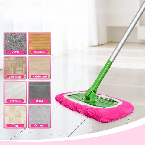 Rose Pink Microfiber Mop Pad Refills Four Pack Reusable Washable for Easy Wet and Dry Floor Cleaning Fits Most Standard Mops Perfect for Quick Dusting and Mopping shown on hardwood floor.