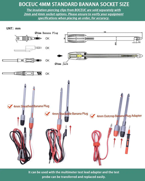 Heavy Duty Wire Piercing Probe Clip Set For Multimeters, 4mm Banana Plug Leads, detailed product diagram and components.