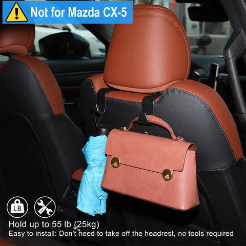 Behind car seat with headrest hooks holding a pink handbag and blue umbrella, not compatible with Mazda CX-5.