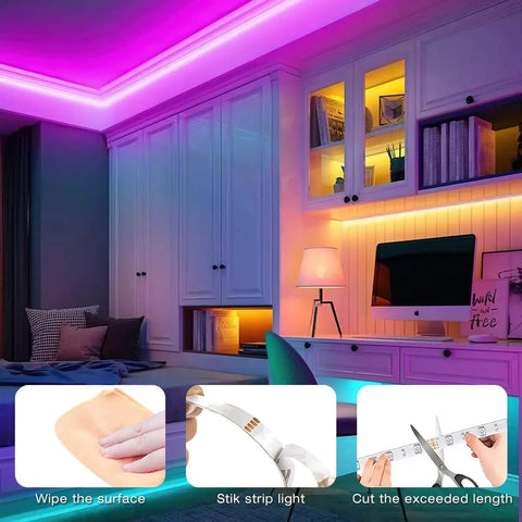 Smart WiFi RGB LED Strip Lights 25ft With App Control And Voice Assistants installed in bedroom with colorful lighting effects.