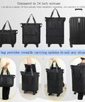 VOOWO foldable, expandable rolling duffel bag with wheels, black luggage shown in four sizes