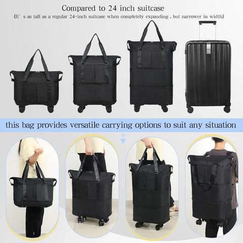 VOOWO foldable, expandable rolling duffel bag with wheels, black luggage shown in four sizes