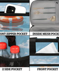 Collage of Insulated Picnic Backpack With Big Capacity Lunch Bag, showing pockets for phone, utensils, and bottles.