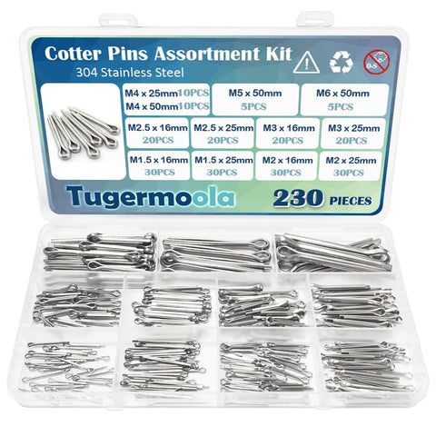 230Pcs Cotter Pins Set In 12 Sizes, 304 Stainless Steel Split Pin Fasteners Assortment Kit in labeled plastic case