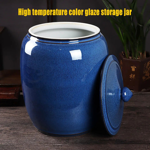 Heavyweight Ceramic Pantry Canister With Secure Snap Lid, Keeps Rice Coffee Beans Flour And Treats Fresh All Week Long, close-up view of blue ceramic jar.