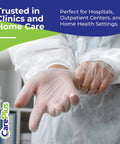 Front view of hands donning CarePlus clear vinyl gloves, large size.