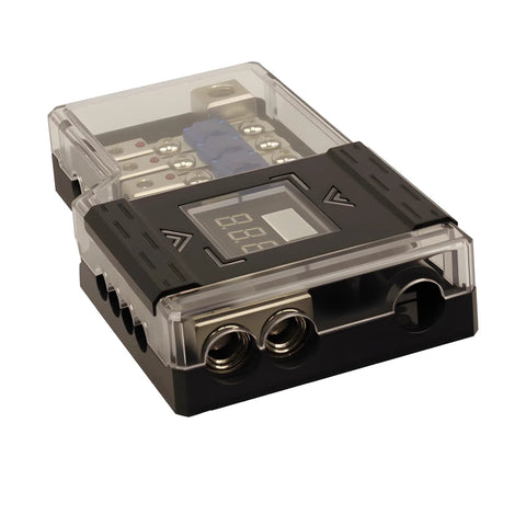 4 Way Mini ANL Fused Car Audio Power Distribution Block With Ground Block Each Block Accepts 0, 2, Or 4 Gauge In And 4 Or 8 Gauge Out, top view