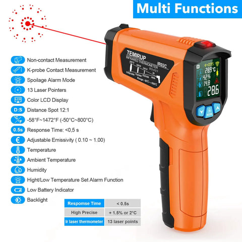 Non Contact Infrared Thermometer Gun With Color LCD And Laser, Dual Temperature Modes for surface and ambient readings