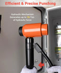 Hydraulic Knockout Punch Set being used for electrical installation, showing 15-ton handheld conduit hole cutter in action