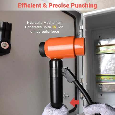 Hydraulic Knockout Punch Set being used for electrical installation, showing 15-ton handheld conduit hole cutter in action