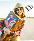 Woman traveling with suitcase, inset showing Two Pack T Handle Elastic Rubber Hood Catch Latch Flexible Draw Latch For Toolbox And Engine Cover Locks Sealed Hasp Durable Vibration Absorbing Build Stainless Steel And Rubber Easy Install For RVs And Automotive Use