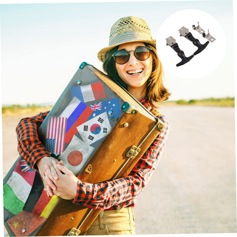 Woman traveling with suitcase, inset showing Two Pack T Handle Elastic Rubber Hood Catch Latch Flexible Draw Latch For Toolbox And Engine Cover Locks Sealed Hasp Durable Vibration Absorbing Build Stainless Steel And Rubber Easy Install For RVs And Automotive Use