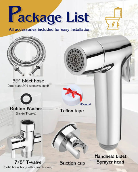 Package list of Handheld Toilet Bidet Sprayer With 59 Inch Anti Burst Hose Chrome Finish Flexible Jet Spray For Personal Hygiene