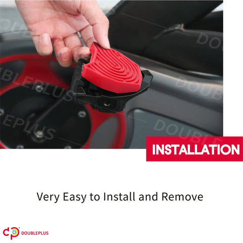 Pedal Adapter For Regular Shoes On Peloton Bikes being installed on bike pedal, red and black insert, Easy Clipless Look Delta Converter