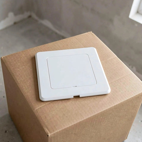 2 Pack Self Adhesive Access Panel For Drywall And Ceilings 4 X 4 Inch Inside Size on box, showing white ABS pipe hole cover.