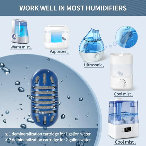 20 Pack Demineralizer Cartridges For Ultrasonic Humidifiers Replacement Tablets shown with various humidifier types.
