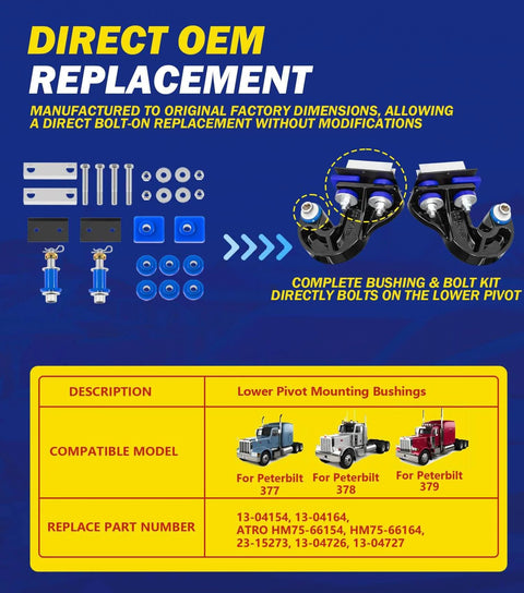 Hood Hinge Pivot Bolt Kit With Bushing And Mounting Bolts for 378 and 379 hoods, includes various bolts and bushings.