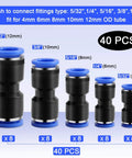 40-pc push-to-connect pneumatic fittings set; black bodies with blue collars, sizes 1/2–5/32 in for 4–12 mm OD tubing