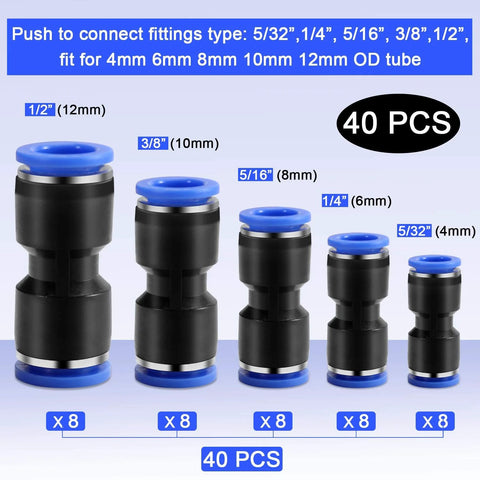 40-pc push-to-connect pneumatic fittings set; black bodies with blue collars, sizes 1/2–5/32 in for 4–12 mm OD tubing