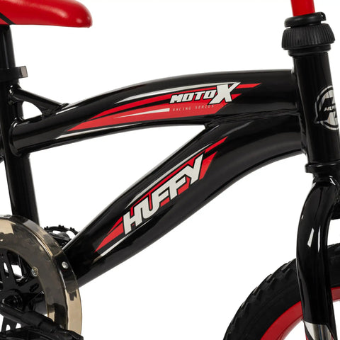 Close-up of Moto X 16 Inch Boys Bike For Ages 4 To 6 Red And Black Frame Removable Training Wheels Chain Guard For Safety Adjustable Seat Height Easy Setup Durable Kids Bicycle For Safe Fun Rides
