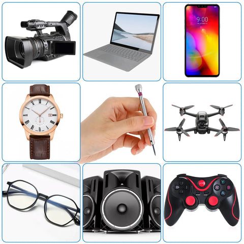 Hand holding a screwdriver from an 8 Piece Mini Watch Screwdriver Set for Jewelry Eyeglass and Electronics Repair with stainless handles.