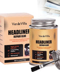 Headliner Repair Glue for Cars with Brush, showing adhesive can and packaging, suitable for fabric, leather, foam, vinyl, quick set repairs.