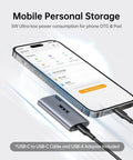 128GB Portable External SSD Drive With Snappy Read And Write Speeds Up To 550 MB Per Second For Quick On The Go Backups, Media, And File Transfers For Laptops, Desktops, And Enthusiast Setups. portable external SSD connected to a smartphone with USB-C cable